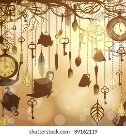 Antique golden background with tea party theme