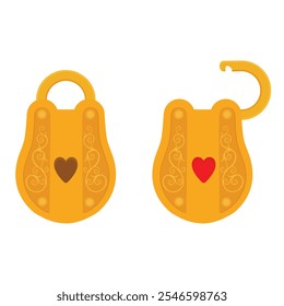 Antique golden heart lock isolated on white background. Heart shaped padlock. Vector