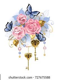 Antique golden keys with pink roses, golden leaves and blue butterflies on white background.