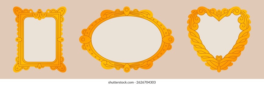 Antique golden mirror frames set isolated on background. Vector cartoon illustration of vintage yellow square, oval, heart shape borders for photos and pictures, retro interior decor, baroque style