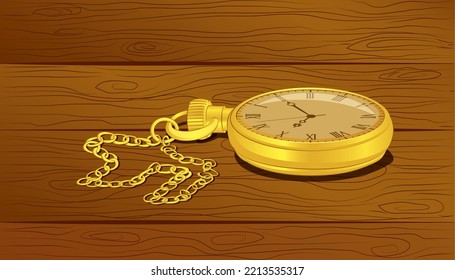 Antiguo reloj de bolsillo dorado aislado sobre fondo de madera en ilustración vectorial