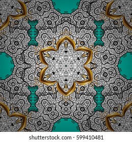 Antique golden repeatable wallpaper. Golden blue floral ornament in baroque style. Golden element on blue background. Damask seamless pattern repeating background.