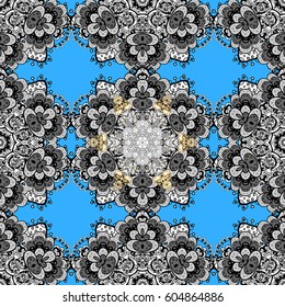Antique golden repeatable wallpaper. Golden blue floral ornament in baroque style. Golden element on blue background. Damask seamless pattern repeating background.