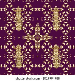 Antique golden repeatable wallpaper. Damask seamless repeating pattern. Gold floral ornament in baroque style. Golden element on purple, brown and beige colors.