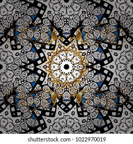 Antique golden repeatable wallpaper. Damask seamless pattern repeating background. Golden white, black and gray floral ornament in baroque style. Golden element on white, black and gray colors.