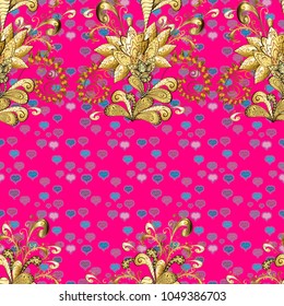 Antique golden repeatable wallpaper. Damask seamless pattern repeating background. Golden floral ornament in baroque style. Golden element on magenta, blue and brown colors.