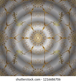 Antique golden repeatable wallpaper. Damask ornamenta repeating pattern. Golden element on gray, neutral and beige colors. Gold floral ornament in baroque style.