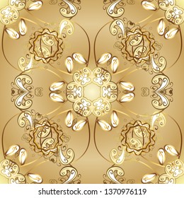 Antique golden repeatable wallpaper. Damask seamless repeating pattern. Golden element on beige and yellow colors. Gold floral ornament in baroque style.