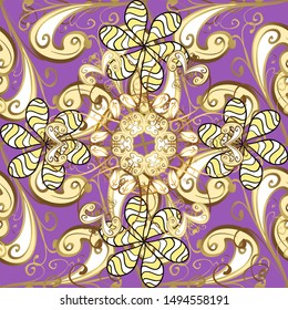 Antique golden repeatable wallpaper. Damask seamless repeating pattern. Golden element on beige and violet colors. Gold floral ornament in baroque style.