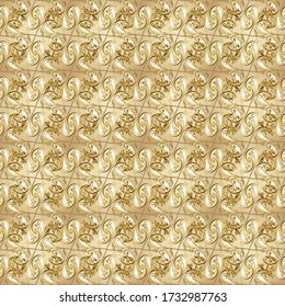 Papel de pared antiguo de oro repetible. Patrón de repetición sin fisuras de Damask. Ornamento dorado floral de estilo barroco. Elementos dorados en tonos amarillos y beige.