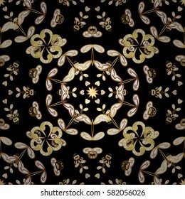 Antique golden repeatable wallpaper. Damask seamless pattern repeating background. Golden floral ornament in baroque style. Golden element on black background.