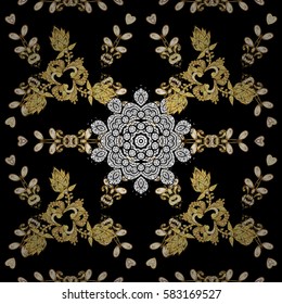 Antique golden repeatable wallpaper. Damask seamless pattern repeating background. Gold black floral ornament in baroque style. Golden element on black background.