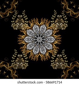 Antique golden repeatable wallpaper. Damask seamless pattern repeating background. Gold black floral ornament in baroque style. Golden element on black background.
