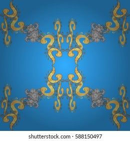 Antique golden repeatable wallpaper. Damask seamless pattern repeating background. Gold blue floral ornament in baroque style. Golden element on blue background.