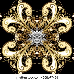 Antique golden repeatable wallpaper. Damask seamless pattern repeating background. Golden black floral ornament in baroque style. Golden element on black background.