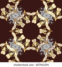 Antique golden repeatable wallpaper. Damask seamless pattern repeating background. Gold brown floral ornament in baroque style. Golden element on brown background.