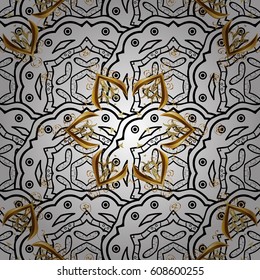 Antique golden repeatable wallpaper. Damask seamless pattern repeating background. Gold gray floral ornament in baroque style. Golden element on gray background.
