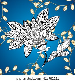 Antique golden repeatable wallpaper. Damask ornamental pattern repeating blue background. Golden floral ornament in baroque style. Golden element on blue background.