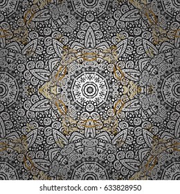 Antique golden repeatable wallpaper. Damask seamless pattern repeating background. Gold magenta floral ornament in baroque style. Golden element on magenta background.
