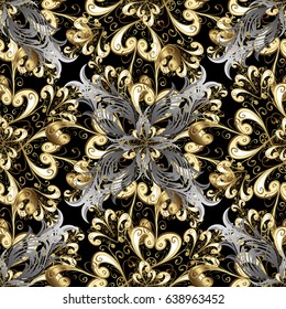 Antique golden repeatable wallpaper. Damask seamless pattern repeating background. Gold black floral ornament in baroque style. Golden element on black background.