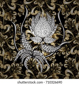 Antique golden repeatable wallpaper. Damask seamless pattern repeating background. Golden black floral ornament in baroque style. Golden element on black background.