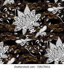 Antique golden repeatable wallpaper. Damask seamless pattern repeating background. Gold black, white and brown floral ornament in baroque style. Golden element on black, white and brown colors.