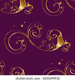 Antique golden repeatable wallpaper. Golden element on purple, brown and yellow colors. Damask seamless pattern repeating background. Golden floral ornament in baroque style.