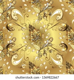 Antique golden repeatable wallpaper. Golden element on yellow and beige colors. Gold floral ornament in baroque style. Damask seamless repeating pattern.