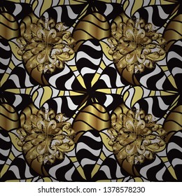 Antique golden repeatable wallpaper. Golden element on black and white colors. Golden floral ornament in baroque style. Damask seamless pattern repeating background.