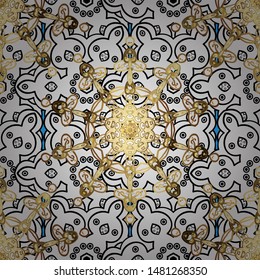 Antique golden repeatable wallpaper. Golden element on white and black colors. Damask seamless repeating pattern. Gold floral ornament in baroque style.