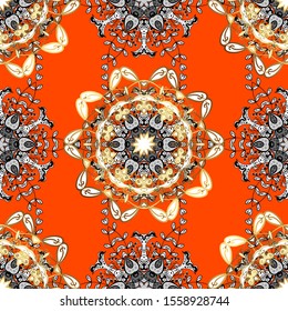 Antique golden repeatable wallpaper. Golden element on orange and white colors. Damask seamless pattern repeating background. Golden floral ornament in baroque style.
