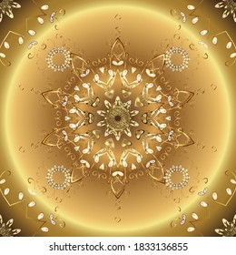 Antique golden repeatable wallpaper. Golden element on brown and yellow colors. Damask seamless repeating pattern. Gold floral ornament in baroque style.