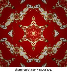 Antique golden repeatable wallpaper. Golden element on red background. Damask seamless pattern repeating background. Gold red floral ornament in baroque style.
