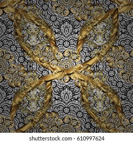 Antique golden repeatable wallpaper. Golden element on gray background. Damask seamless pattern repeating background. Gold gray floral ornament in baroque style.
