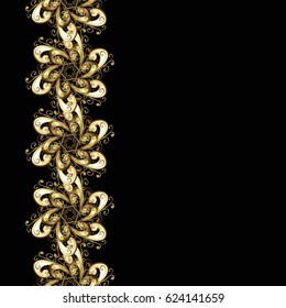 Antique golden repeatable wallpaper. Golden element on black background. Damask seamless pattern repeating background. Golden floral ornament in baroque style.