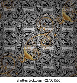 Antique golden repeatable wallpaper. Golden element on gray background. Damask seamless pattern repeating background. Gold gray floral ornament in baroque style.