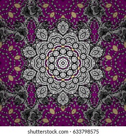 Antique golden repeatable wallpaper. Golden element on magenta background. Damask seamless pattern repeating background. Golden magenta floral ornament in baroque style.