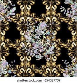Antique golden repeatable wallpaper. Golden element on black background. Damask seamless pattern repeating background. Golden black floral ornament in baroque style.