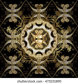 Antique golden repeatable wallpaper. Gold floral ornament in baroque style. Golden element on black, brown and gray colors. Damask seamless repeating pattern.