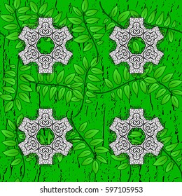 Antique golden repeatable wallpaper. Gold green floral ornament in baroque style. Golden element on green background. Damask pattern repeating background.