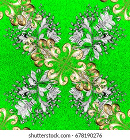 Antique golden repeatable wallpaper. Gold floral ornament in baroque style. Golden element on green background. Damask pattern repeating background.