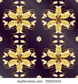Antique golden repeatable wallpaper. Gold floral ornament in baroque style. Golden element on lilac and purple background. Damask seamless repeating pattern.