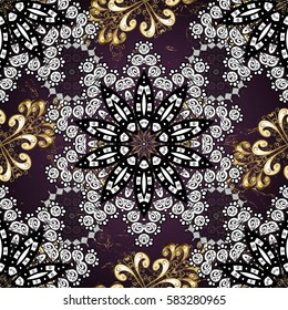 Antique golden repeatable wallpaper. Golden purple floral ornament in baroque style. Golden element on purple background. Damask repeating background.