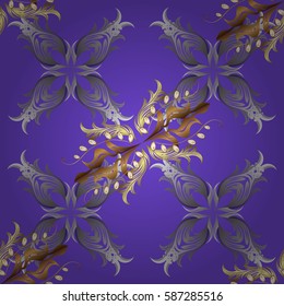 Antique golden repeatable wallpaper. Golden violet floral ornament in baroque style. Golden element on violet background. Damask seamless pattern repeating background.