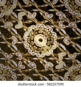 Antique golden repeatable wallpaper.Golden element on brown background. Damask pattern repeating background. Golden brown floral ornament in baroque style.