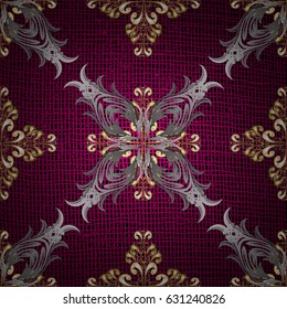 Antique golden repeatable wallpaper.Golden element on pink background. Damask pattern repeating background. Golden floral ornament in baroque style.