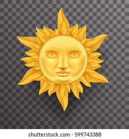 Antique Golden Sun Face Crown of Flames Realistic Transparent Icon Template Background Mock Up Design Vector Illustration