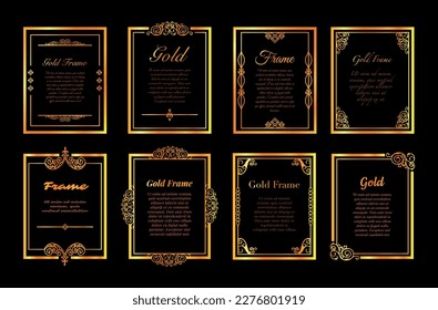 El antiguo rectángulo vertical dorado florece adorno de lujo con lugar para el conjunto de texto vectorial ilustración plana. Decorativo diseño clásico de borde pintado de primera calidad curvado de remolinos de diseño de arte victoriano esquina