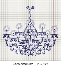 Antique gothic chandeliar sketch on notebook background vector illustration