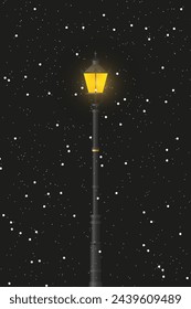 An antique Gothic - style street lamp shines at night during a snowfall.